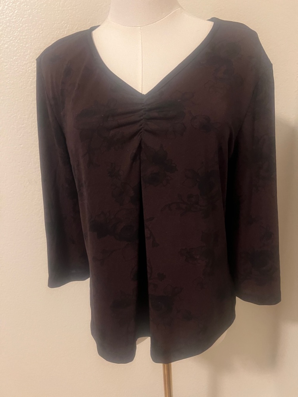Kathie Lee Collection Dark Brown V-Neck Long Sleeve Floral Top